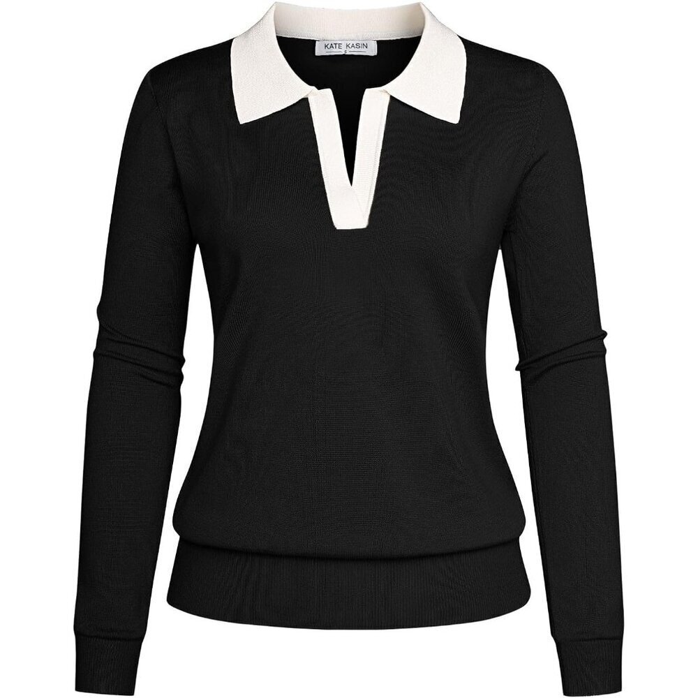 Women Long Sleeve Polo Sweater V Neck Knitted Tops Casual Ribbed Pullover